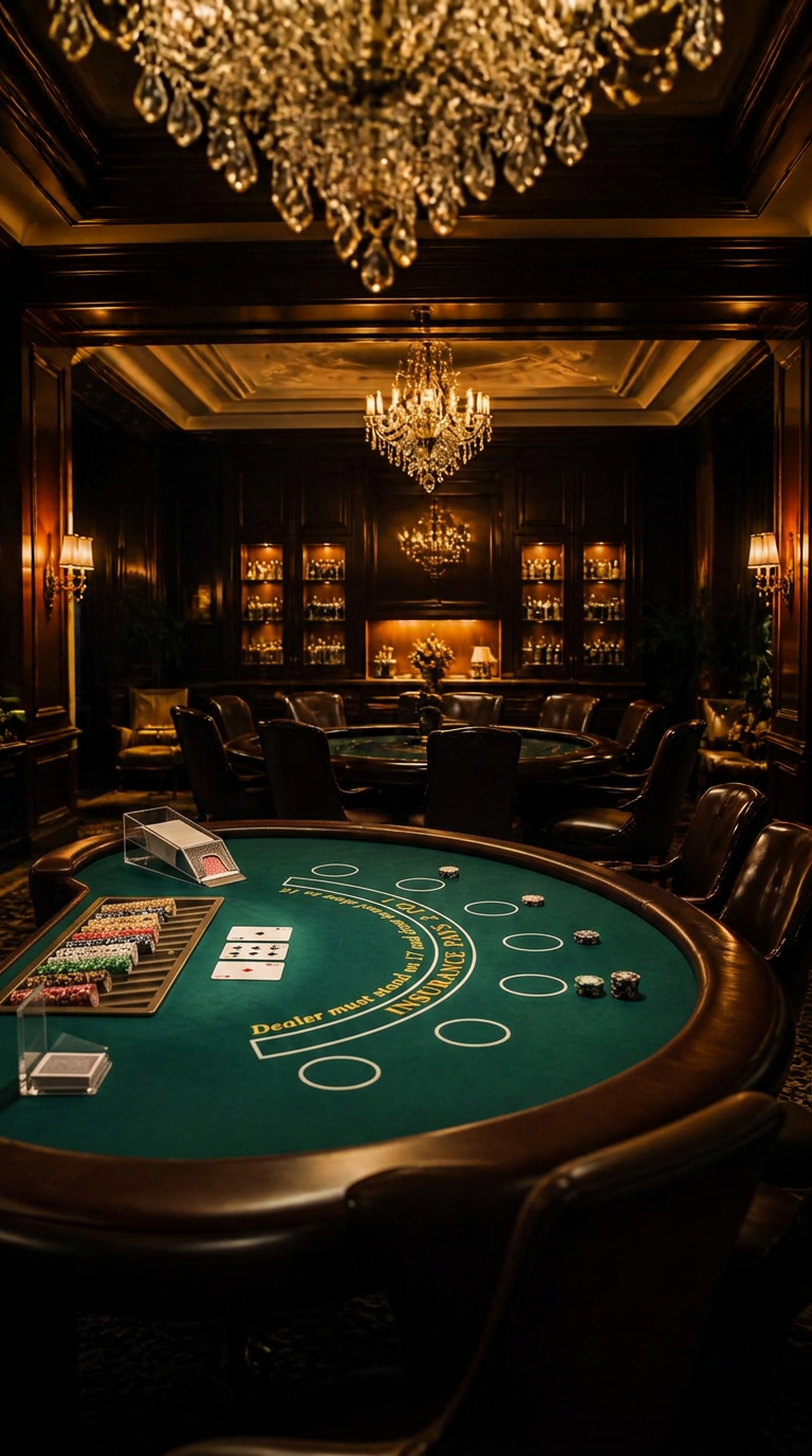 Atmospheric luxury private casino room with warm lighting and dark wood tables