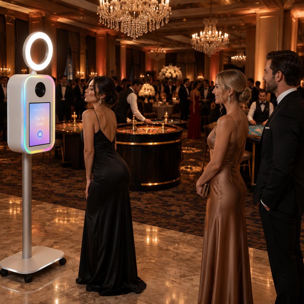 White ring-light selfie photobooth with glowing LED edge on a luxury casino floor beside roulette tables