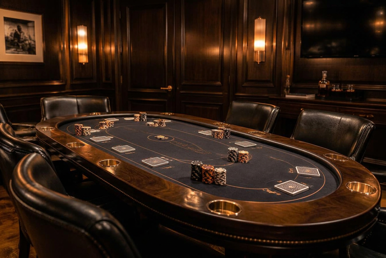 Black-felt poker table with cards and chip stacks in a dark wood-paneled private poker room