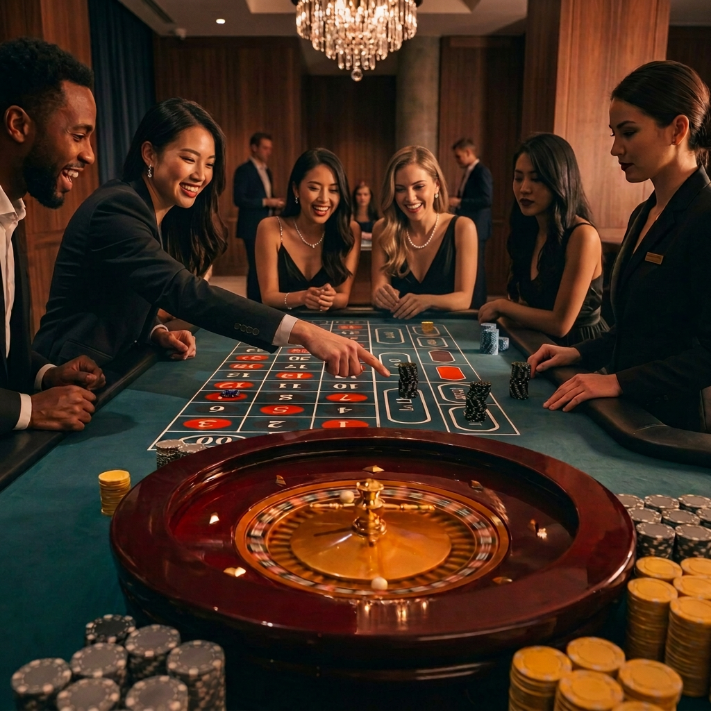 Guests laughing around a roulette table with a dealer in a chandelier-lit ballroom
